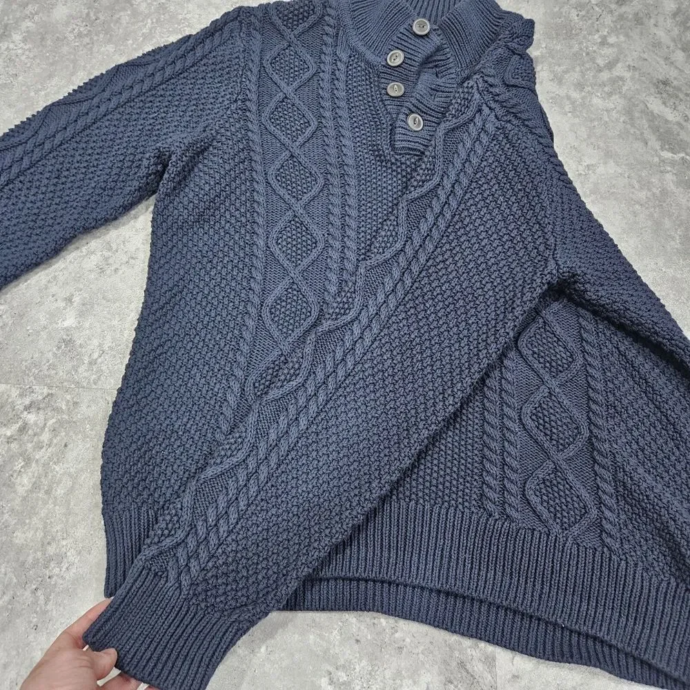 LL Bean Signature Fisherman Button Henley Sweater Blue‎ Cable Knit MENS XL Mock